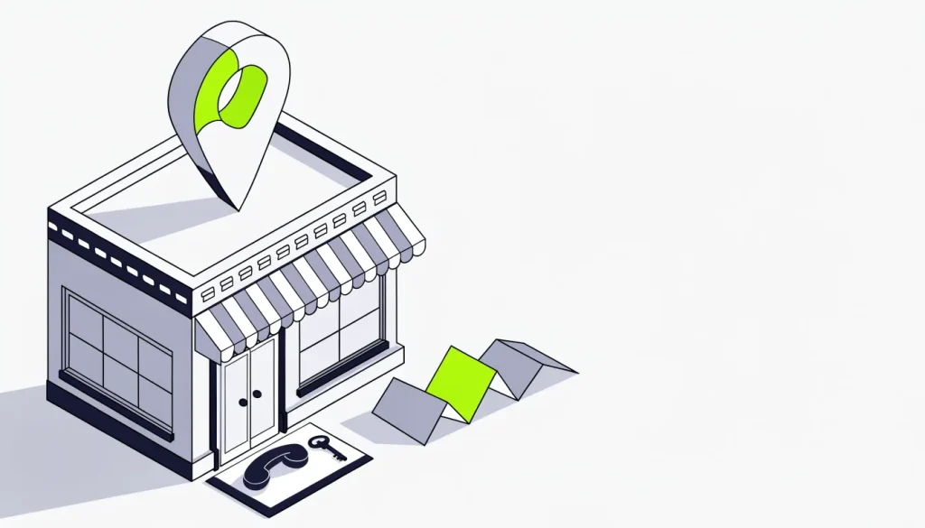 Isometric shop with a map pin overhead, a folded map, a phone handset and a key on the doormat