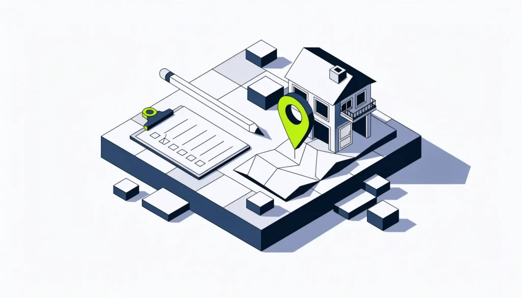 Isometric workbench with a folded map, a pin placed into a model shop, a checklist clipboard and a pencil