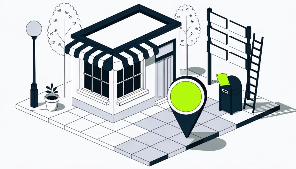 Isometric shopfront with a large map pin being placed outside and a postcard in a mailbox for verification