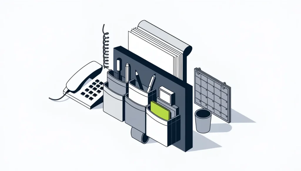 Workbench with a tool belt, a stack of paper job tickets, a desk phone and a blank wall calendar