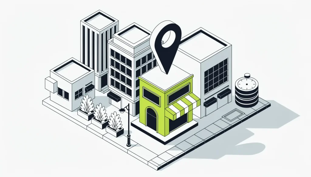 Isometric city block with one raised shop under a map pin, a stack of coins and a timer on the sidewalk