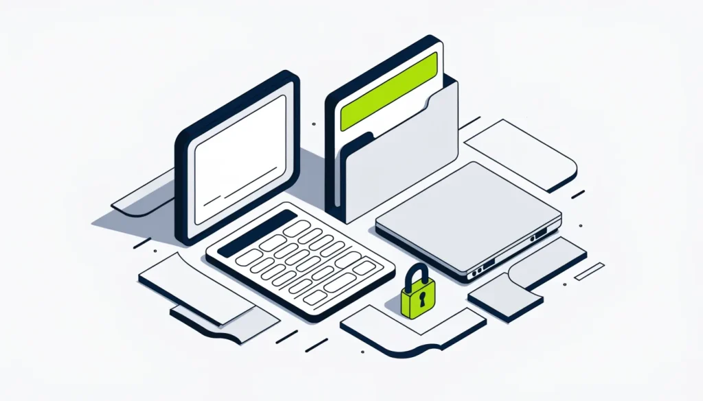 Isometric desk with a framed blank certificate, an application form, a license folder and a small padlock
