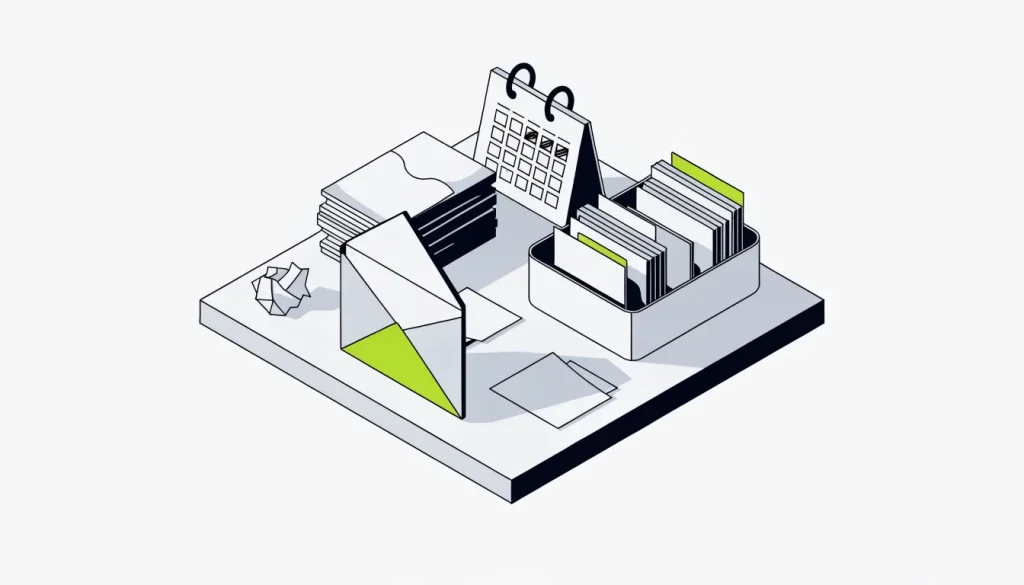 Isometric table with an opened envelope, response letters, a marked desk calendar and a tray of folders