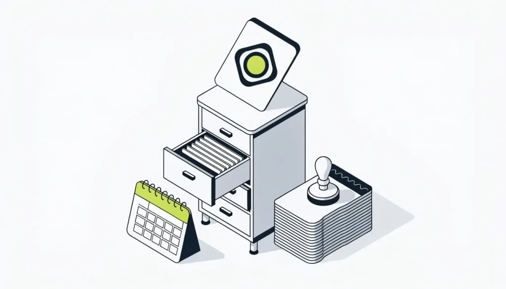 Isometric filing cabinet with folders, a letter-grade card, a calendar and a stack of reply letters