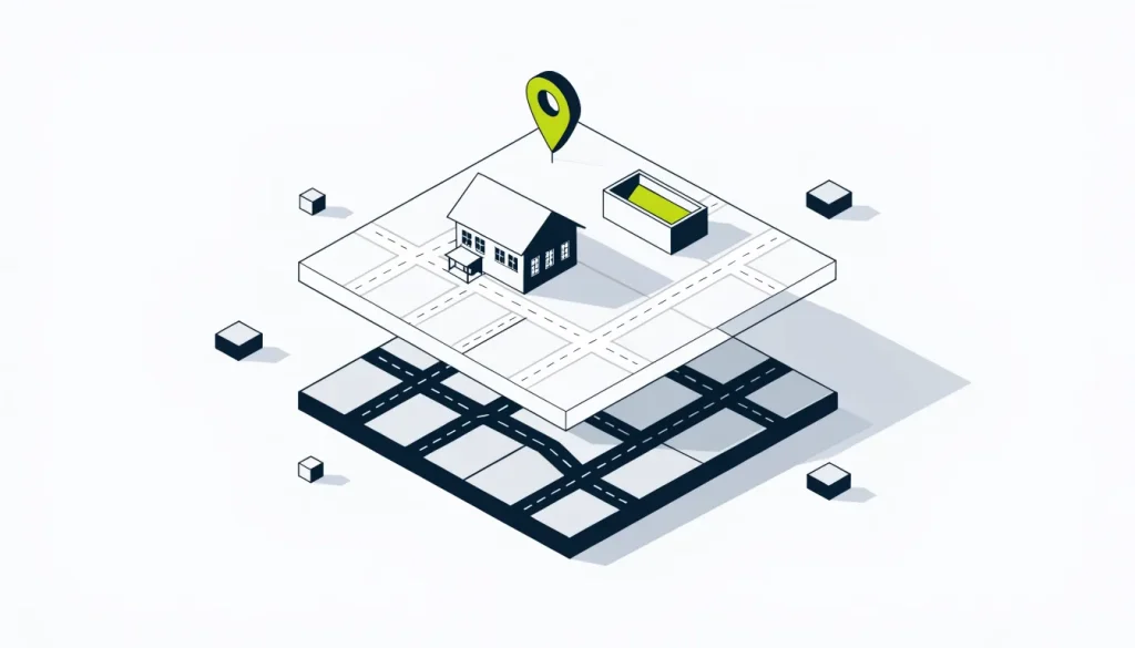 Isometric layered map with roads below and a shop with a map pin on a clear upper layer, beside a toolbox