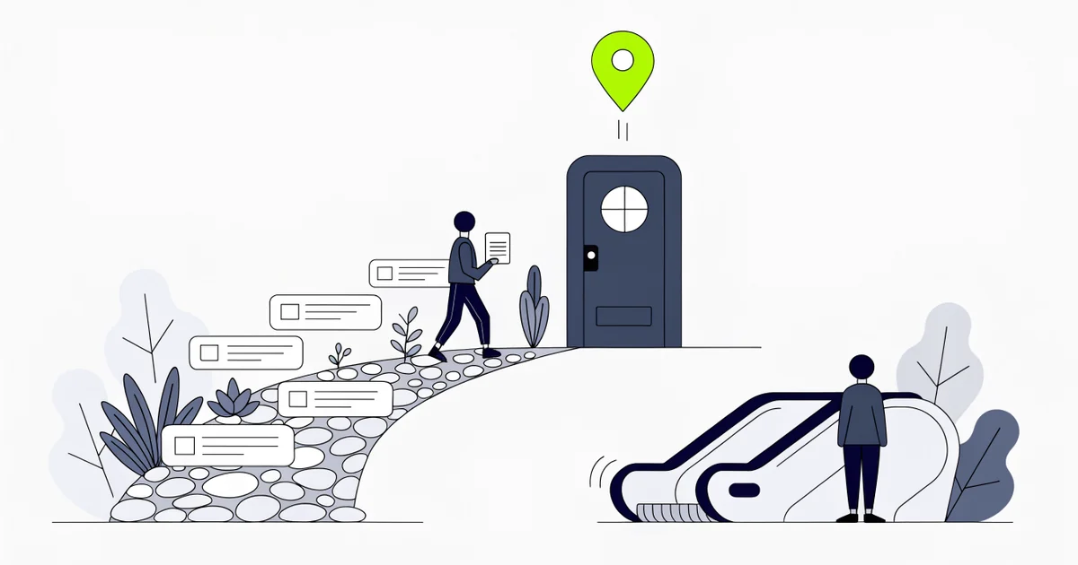 Two paths to a dental clinic door: a garden path lined with search-result cards and a short paid escalator with a coin slot