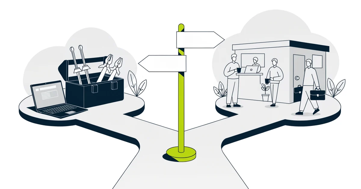Signpost at a fork in the path: one way leads to a laptop and toolbox, the other to a small law office with a team