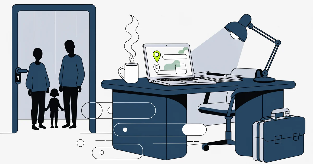 Family law office with a desk, briefcase and laptop showing a search bar, and a parent and child standing in the doorway