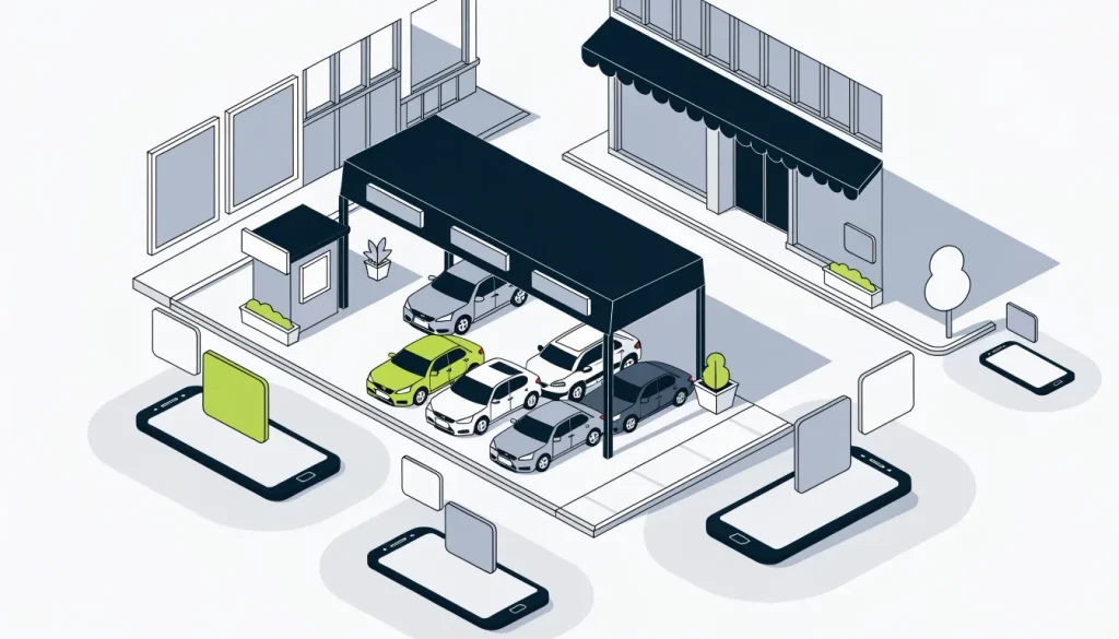 Isometric car dealership and a rival store, each surrounded by a translucent marketing boundary