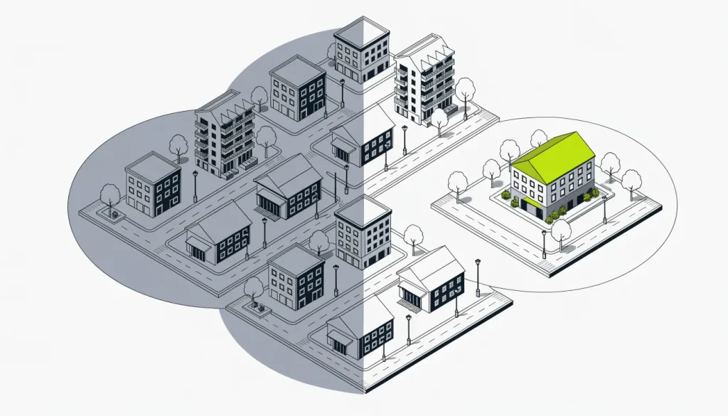 Isometric scene comparing a broad shaded town area with a small boundary around one store