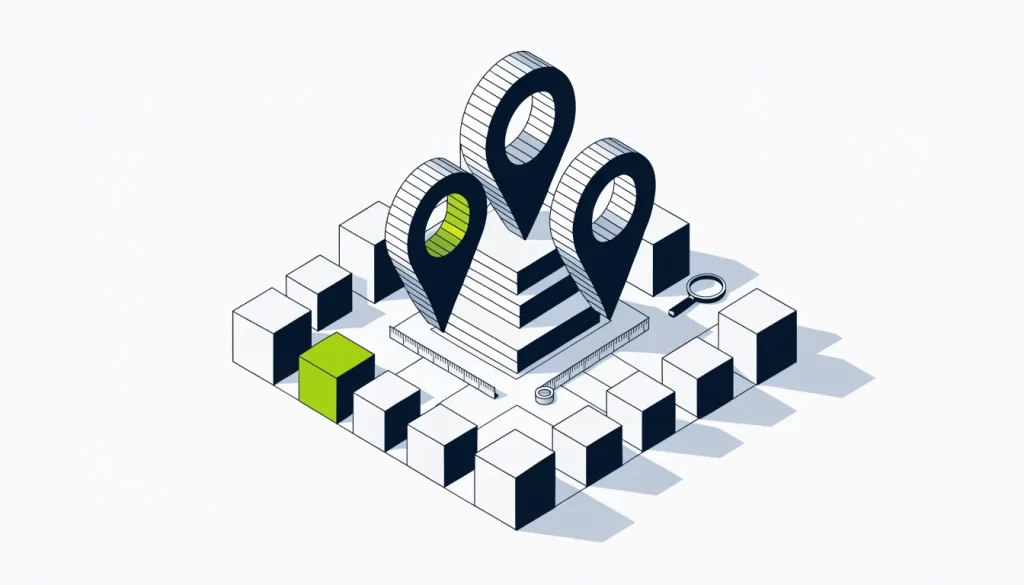 Isometric city grid with three map pins of different heights, a measuring tape and a magnifying glass