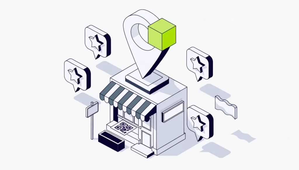 Isometric shopfront under a map pin with floating review bubbles, a QR card on the counter and a report flag