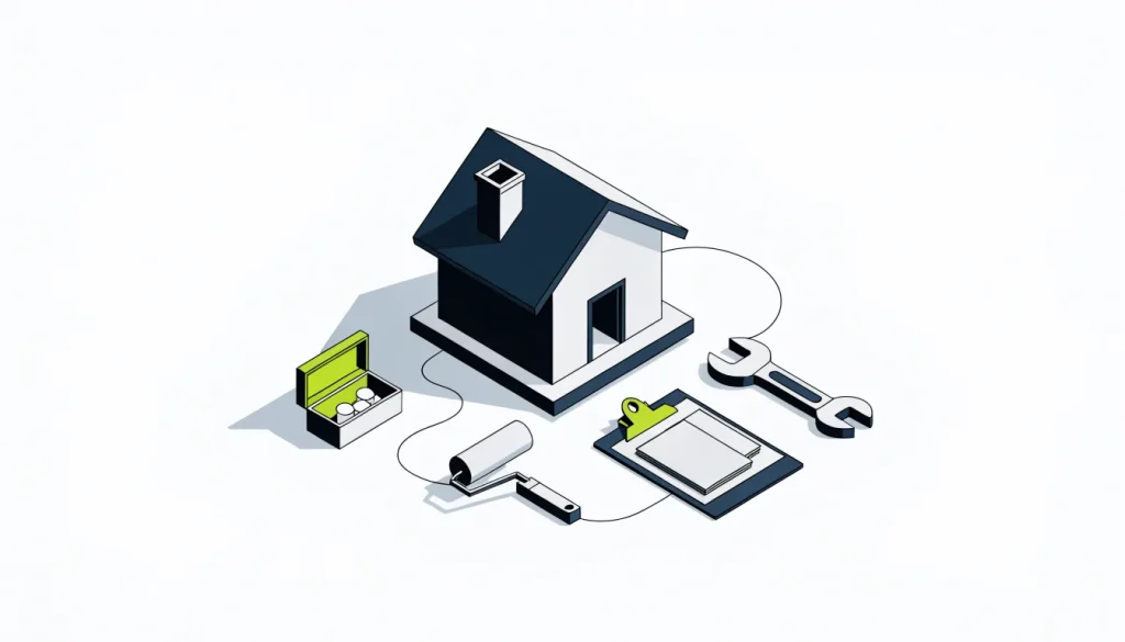 House model linked by string to a toolbox, paint roller and wrench, with a clipboard between