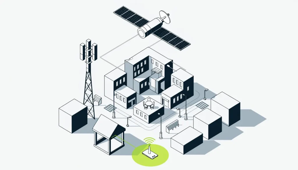 Isometric town block with a satellite, cell tower and Wi-Fi router feeding a phone inside a boundary