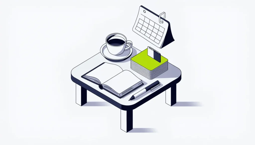 Isometric desk with paper review cards, one with a reply clipped on, beside a notebook, coffee cup and weekly calendar