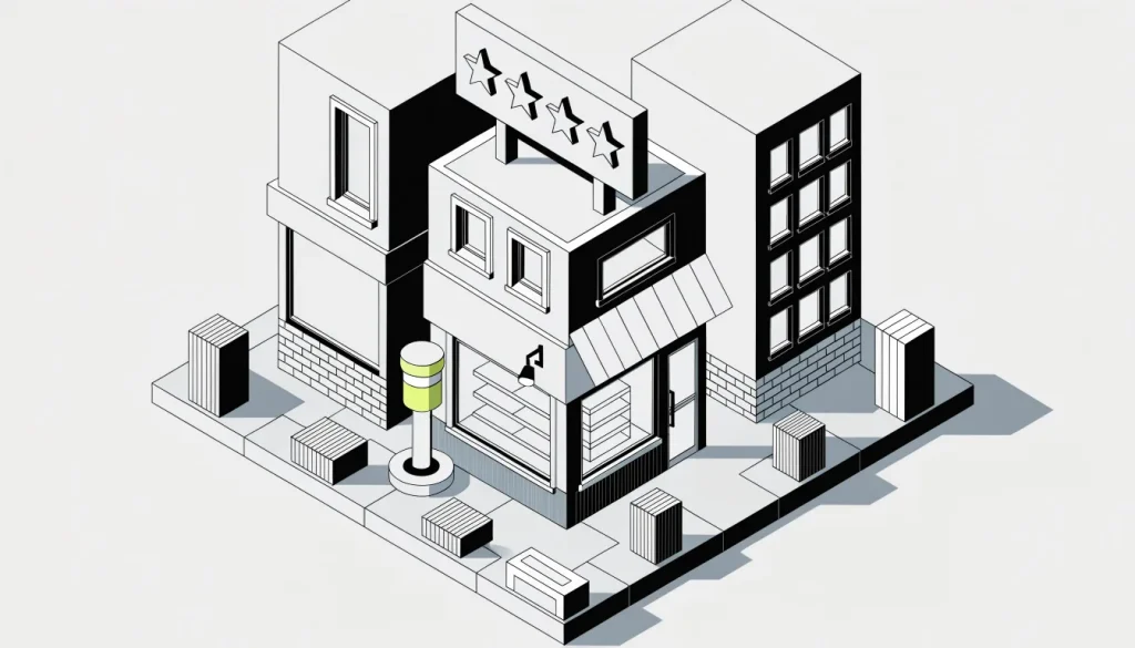 Isometric street with a spotlight on one shopfront, a coin meter on the curb and blank star shapes on a sign