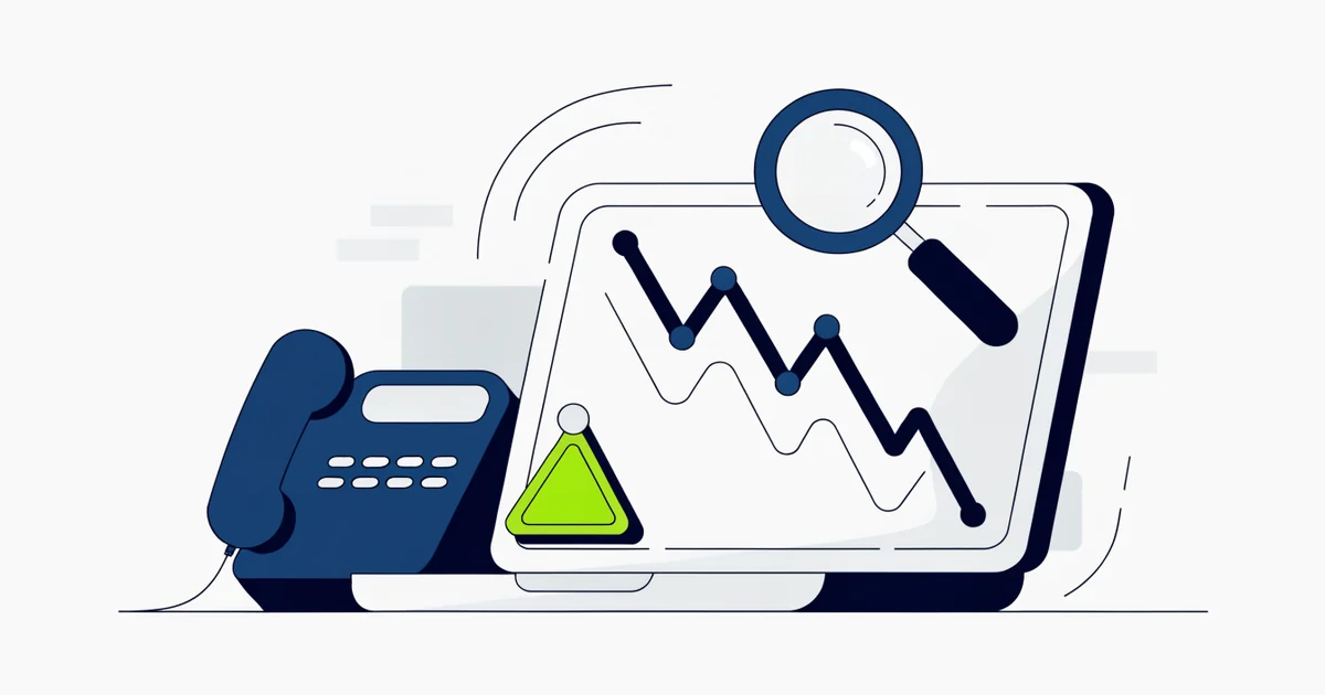 Law office desk with a laptop showing a falling line chart, a silent desk phone, a magnifying glass and a warning triangle note