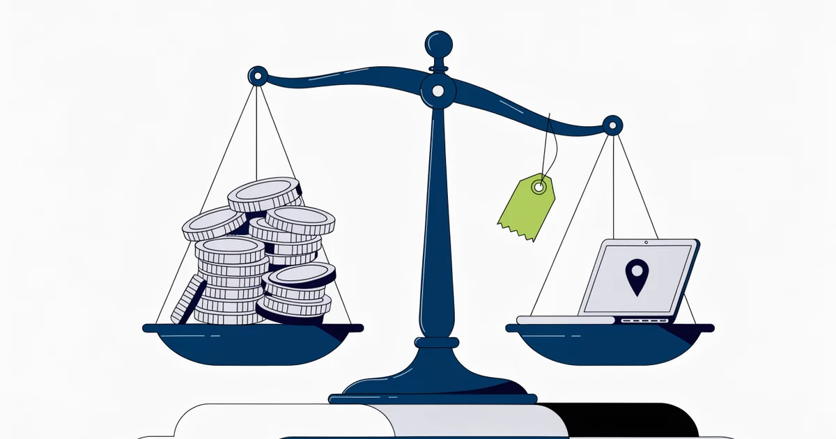 Scales of justice balancing a stack of coins against a laptop showing a map pin, with a green price tag hanging from the beam