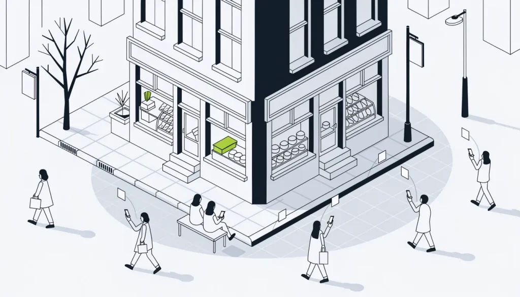 Isometric bakery storefront with a translucent ad radius reaching phones on the street