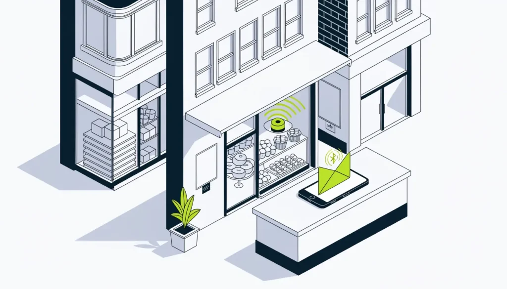 Isometric shopping street with a poster tag, a shelf beacon and a phone receiving a coupon