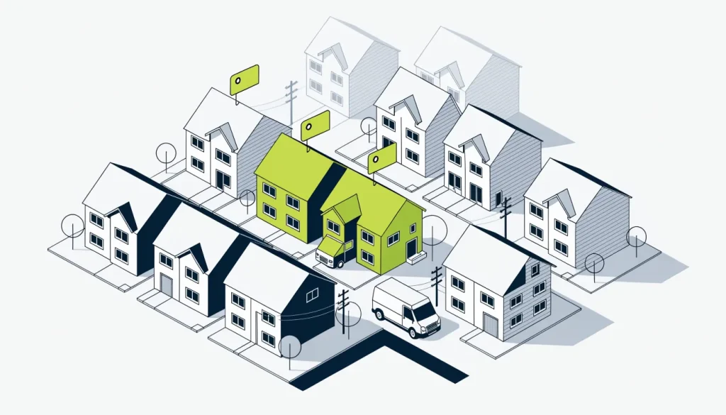 Isometric suburb with highlighted neighborhoods and coupon tags pinned to selected rooftops