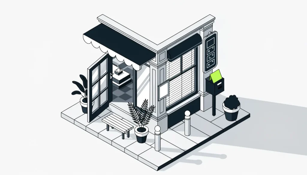 Isometric small shopfront with a license certificate, photo board and a mailbox card