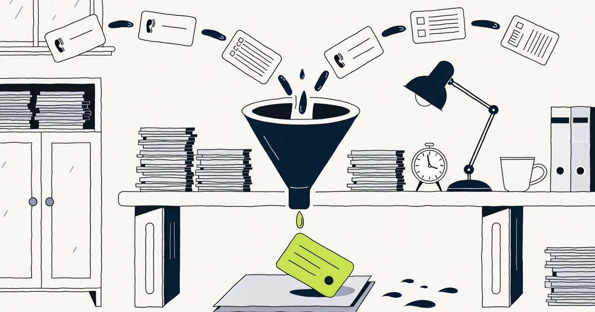 Phone call and form cards streaming into a funnel on a law office desk, with one green lead card dropping onto a case folder