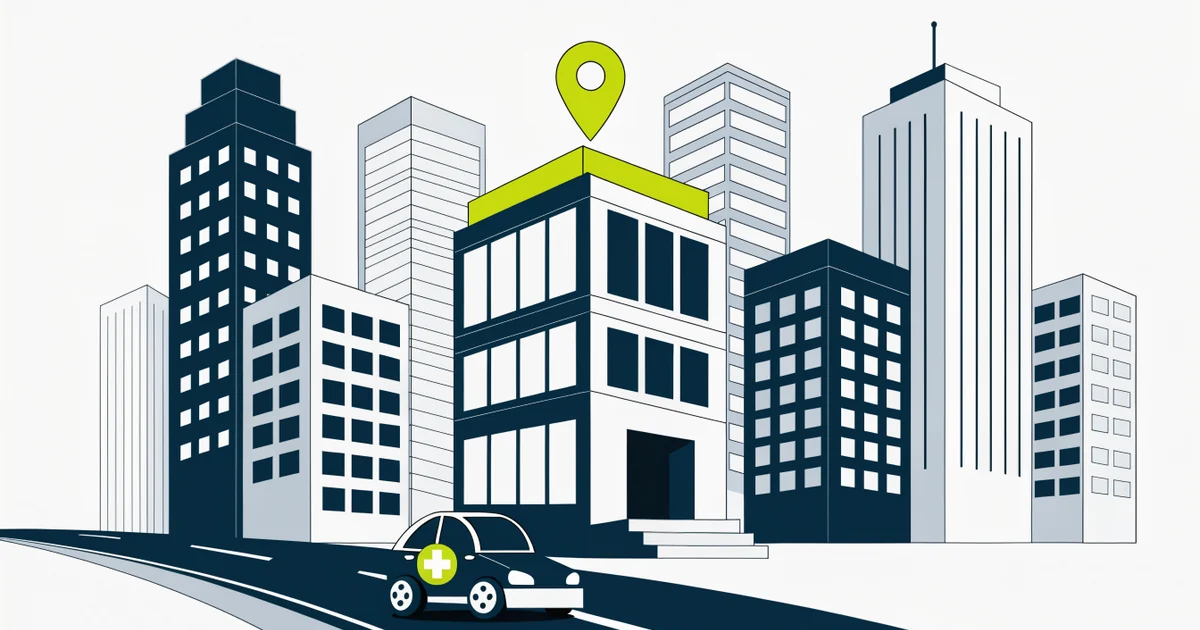 City skyline of law offices with one building highlighted by a green rooftop and location pin, and a car with a first-aid badge on the road