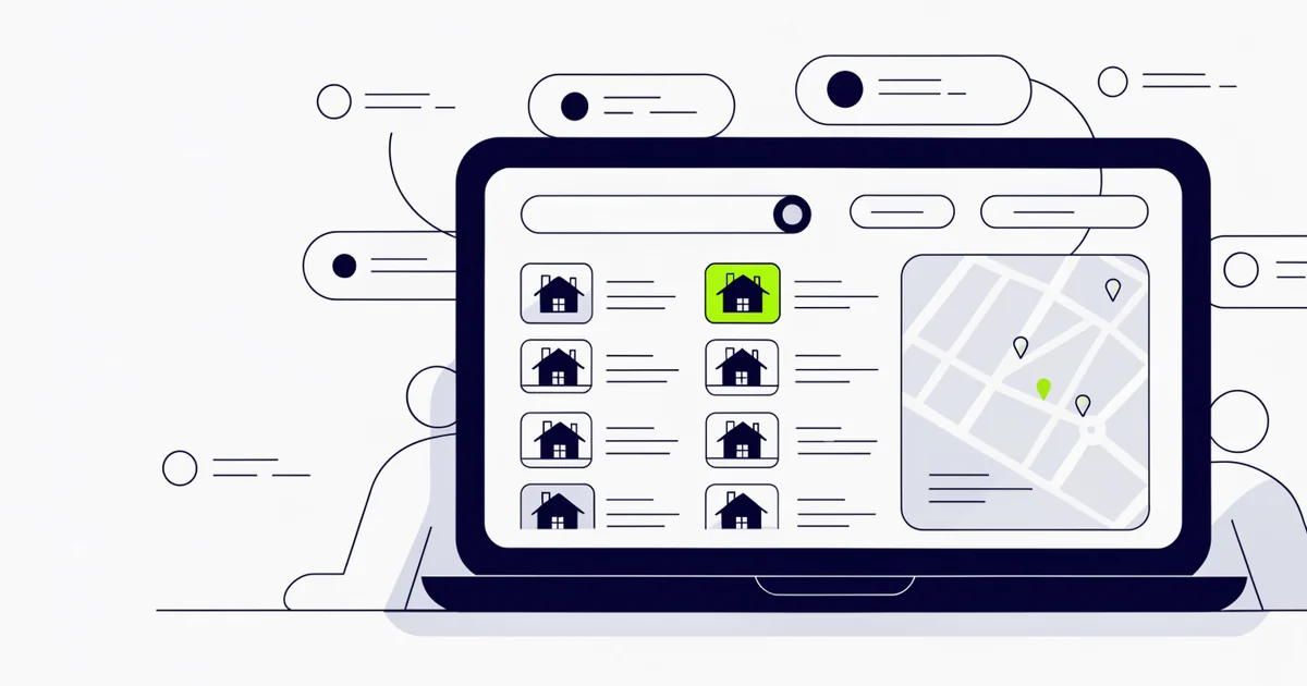 Laptop showing a property website with a grid of house listings, a neighborhood map and a search bar, one listing highlighted in green
