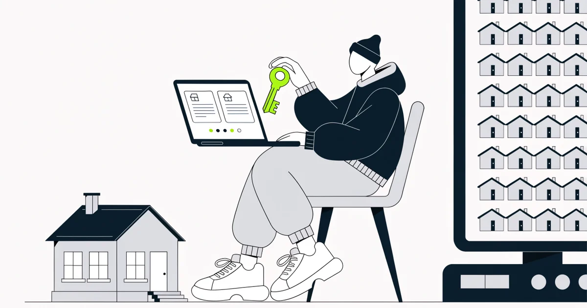 Real estate agent holding a green key beside a laptop and a small house, facing a billboard filled with identical house listings