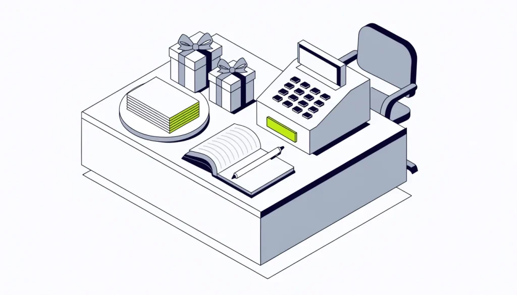 Isometric shop counter with referral cards, two small gift boxes, a booking notebook and a cash register