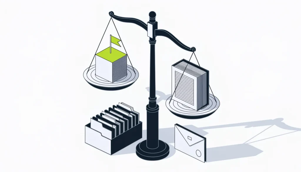Isometric scale weighing a flagged review card against a rulebook, next to report folders and one appeal envelope