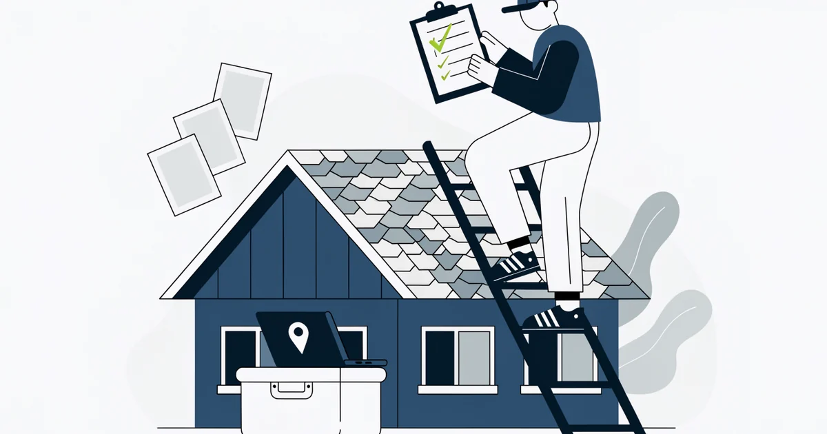 Roofer on a ladder against a shingled house checking a clipboard, with a laptop showing a map pin on the toolbox below