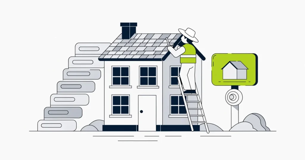 Roofer on a ladder with a staircase of search-result cards rising to the roof on one side and a billboard on a coin meter on the other