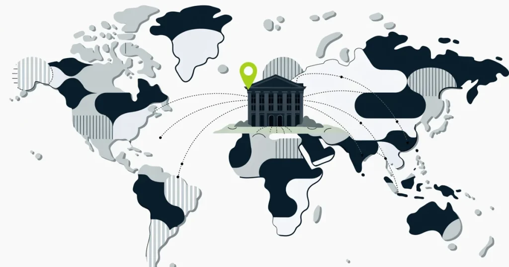 World map with dotted travel lines converging on a single law office building marked by a green location pin