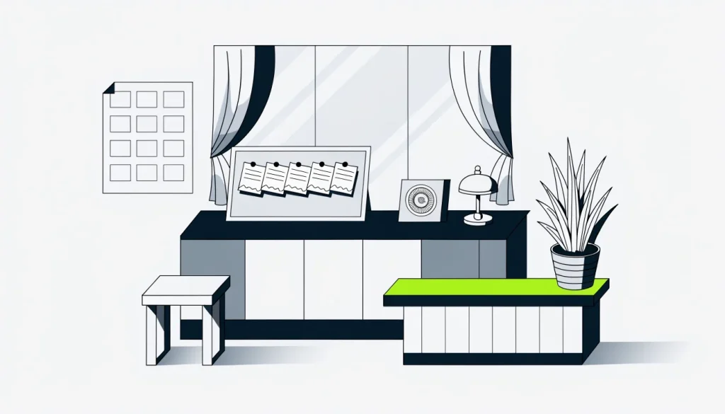Isometric shop counter with a framed client list, review cards on a corkboard, a seal plaque and a booking bell