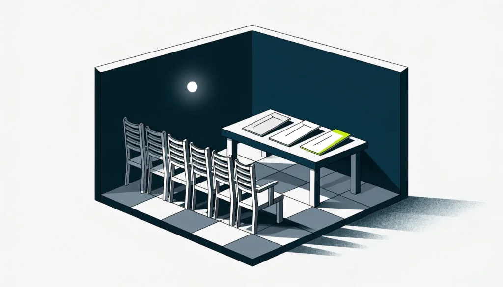 Isometric dark room with a point of light and empty chairs, beside a table of cards showing lines of different lengths