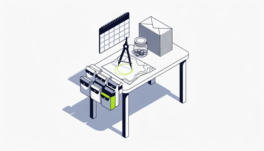 Isometric desk with tool belt, calendar, compass circle on a map and coin jar for a pro's weekly lead budget