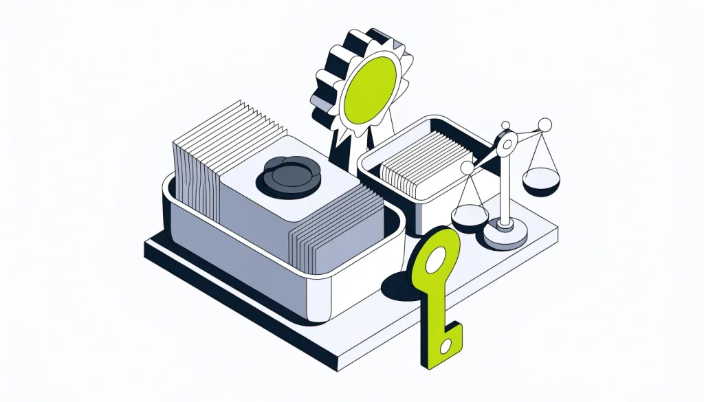 Isometric trays of sealed and unsealed comment cards beside a rosette, license tag and balance scale