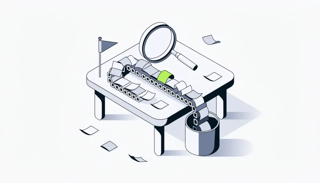 Isometric conveyor moving paper review cards past a magnifying glass, with a flag stand and a rejection bin