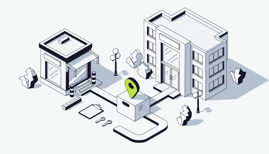 Isometric moving box with a map pin symbol between a small kiosk and a larger building, beside a clipboard and keys