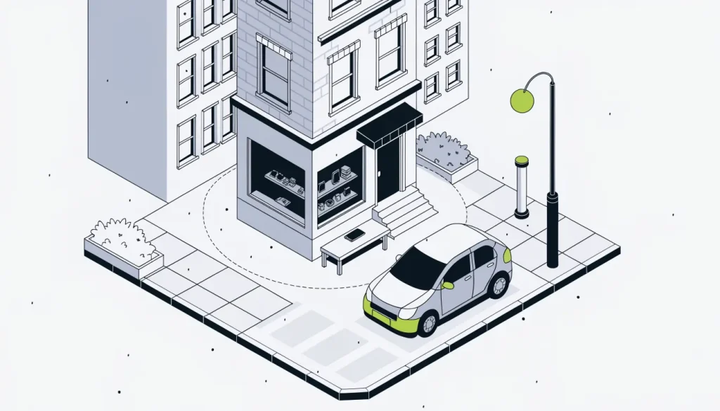 Isometric street corner with a dashed virtual boundary drawn around a small shop