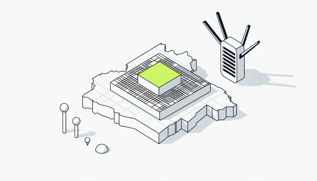 Isometric map table with layered country, city and ZIP code tiles marked with pins