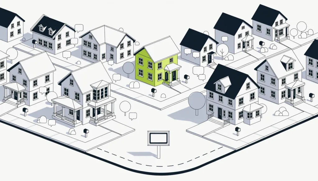 Isometric suburban street with mailboxes, a notice board and speech bubbles between houses