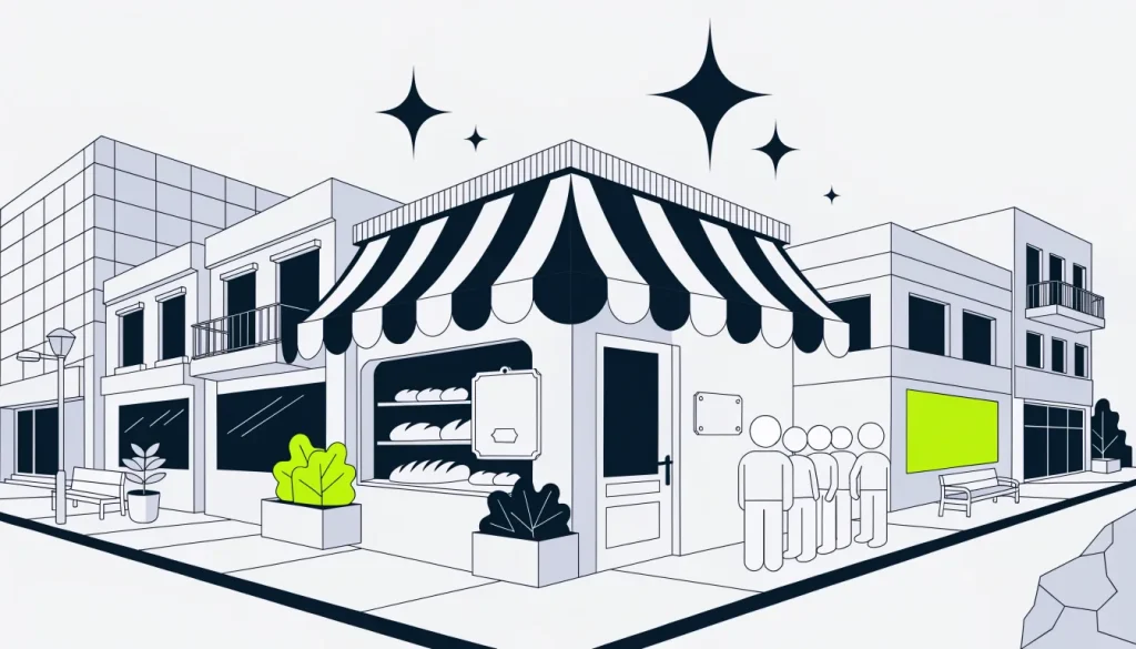 Isometric bakery with a queue outside, a health grade card in the window and an association plaque by the door