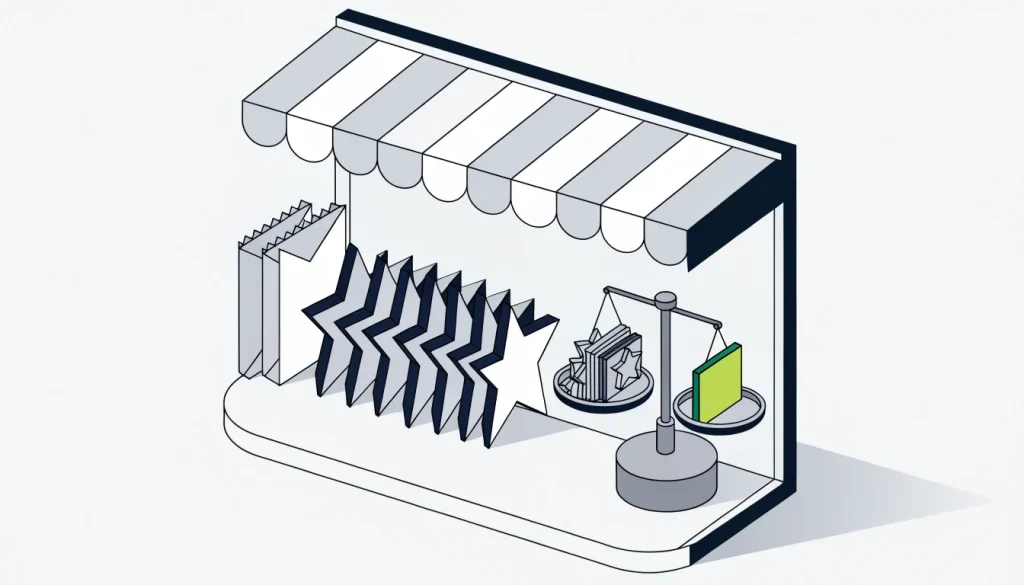Isometric shop window with blank star cards on a shelf, invitation envelopes and a small balance scale