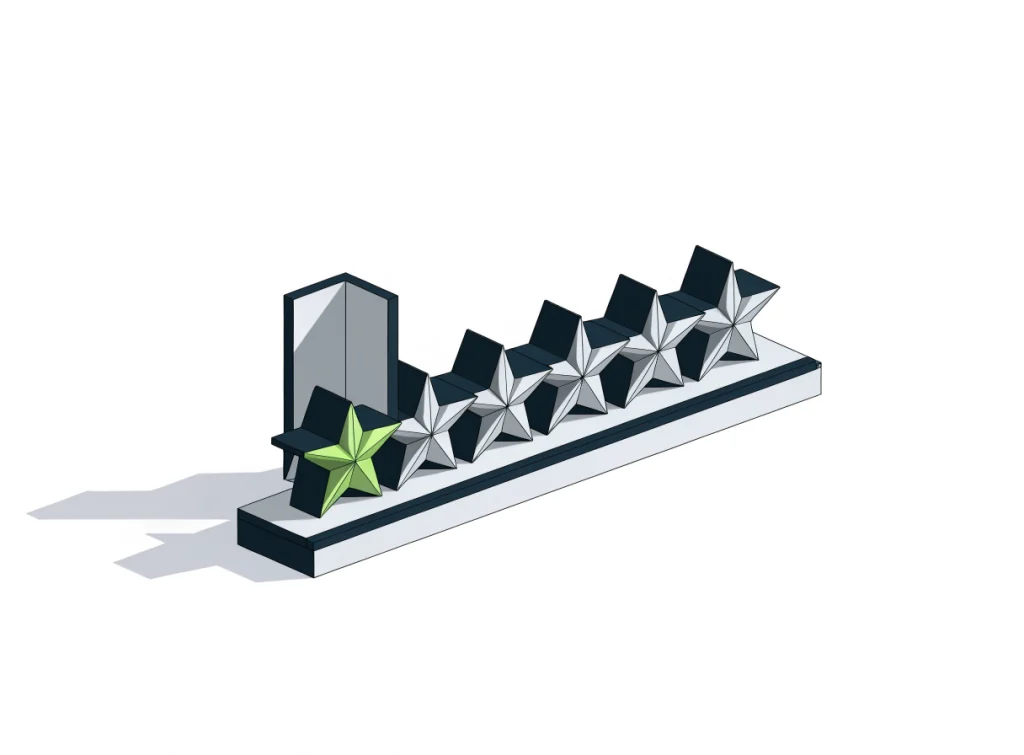 Isometric review card with star shapes half tucked behind a small folding screen