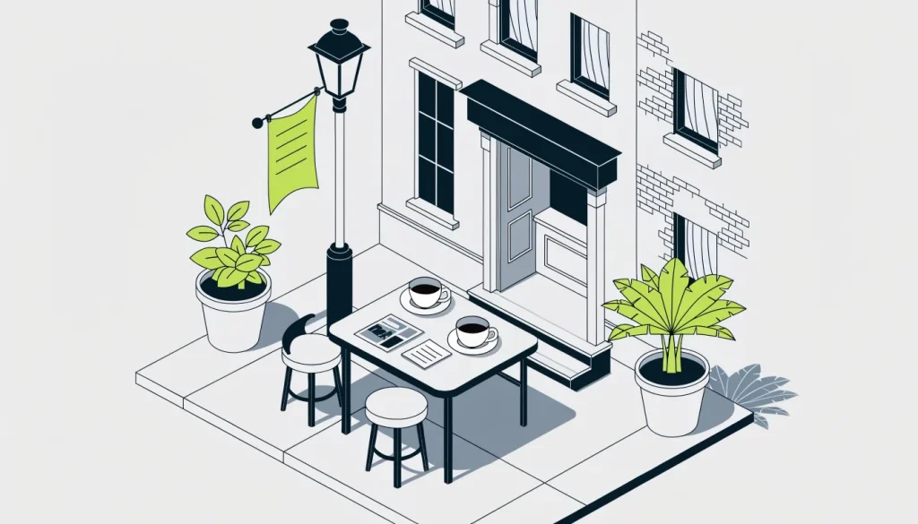 Isometric street corner with coffee cups, a flyer and postcard on a cafe table near a shop and an event banner