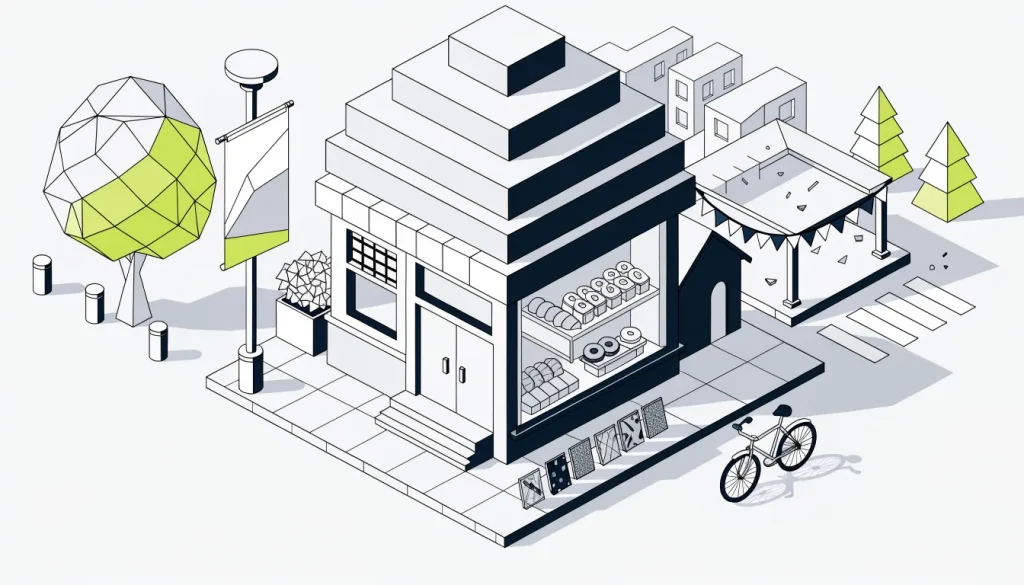 Isometric neighborhood with a bakery display, a sports sponsorship banner, a postcard rack and a small event stage