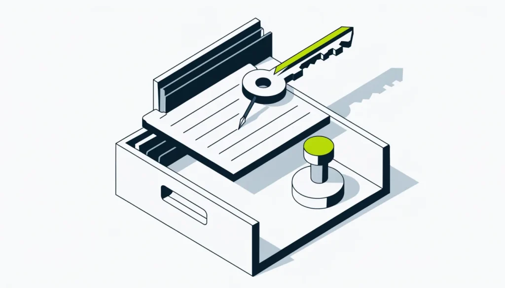 Index card filed under a category tab in a card drawer with a key resting on top